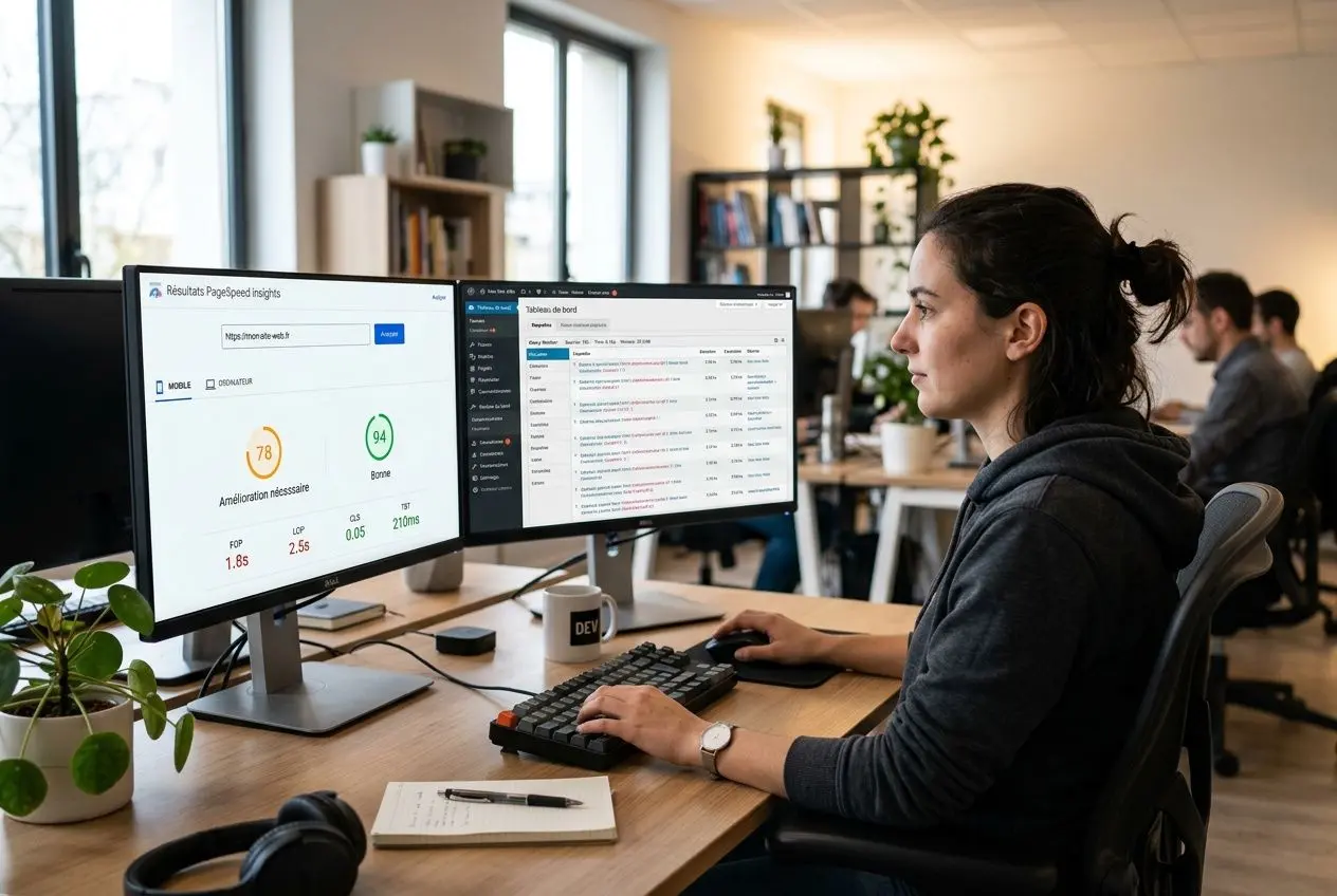 Développeur analysant la performance d'un site WordPress avec PageSpeed Insights