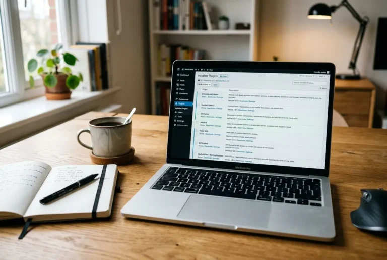 Tableau de bord WordPress avec liste d'extensions activées