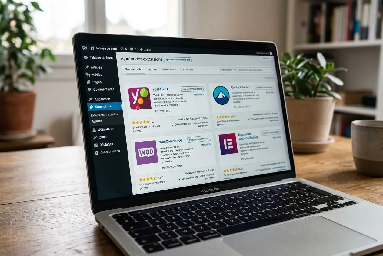 Tableau de bord WordPress avec menu Extensions ouvert