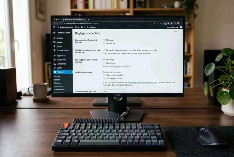 Tableau de bord WordPress avec réglages d'indexation