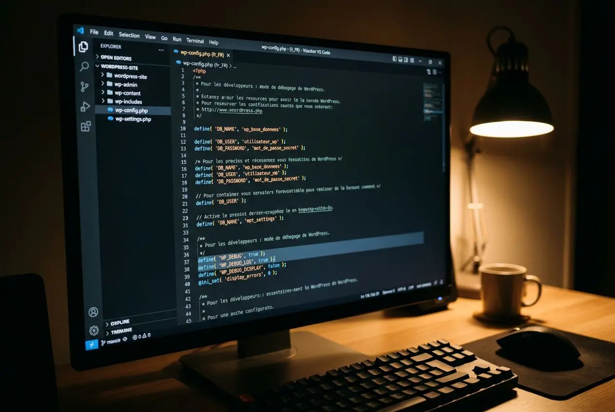 Fichier wp-config.php avec débogage WordPress activé