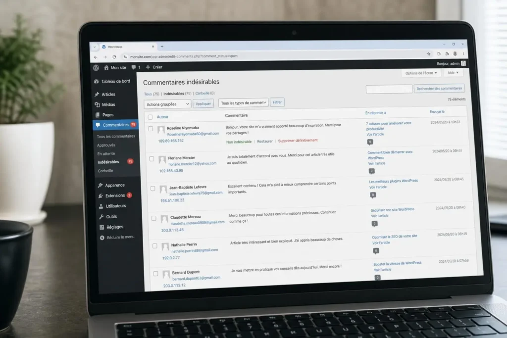 Tableau de bord WordPress avec spam de commentaires