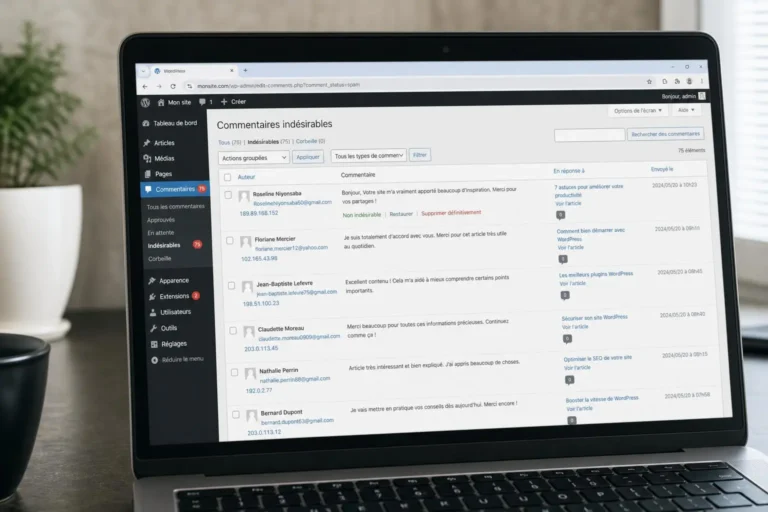 Tableau de bord WordPress avec spam de commentaires