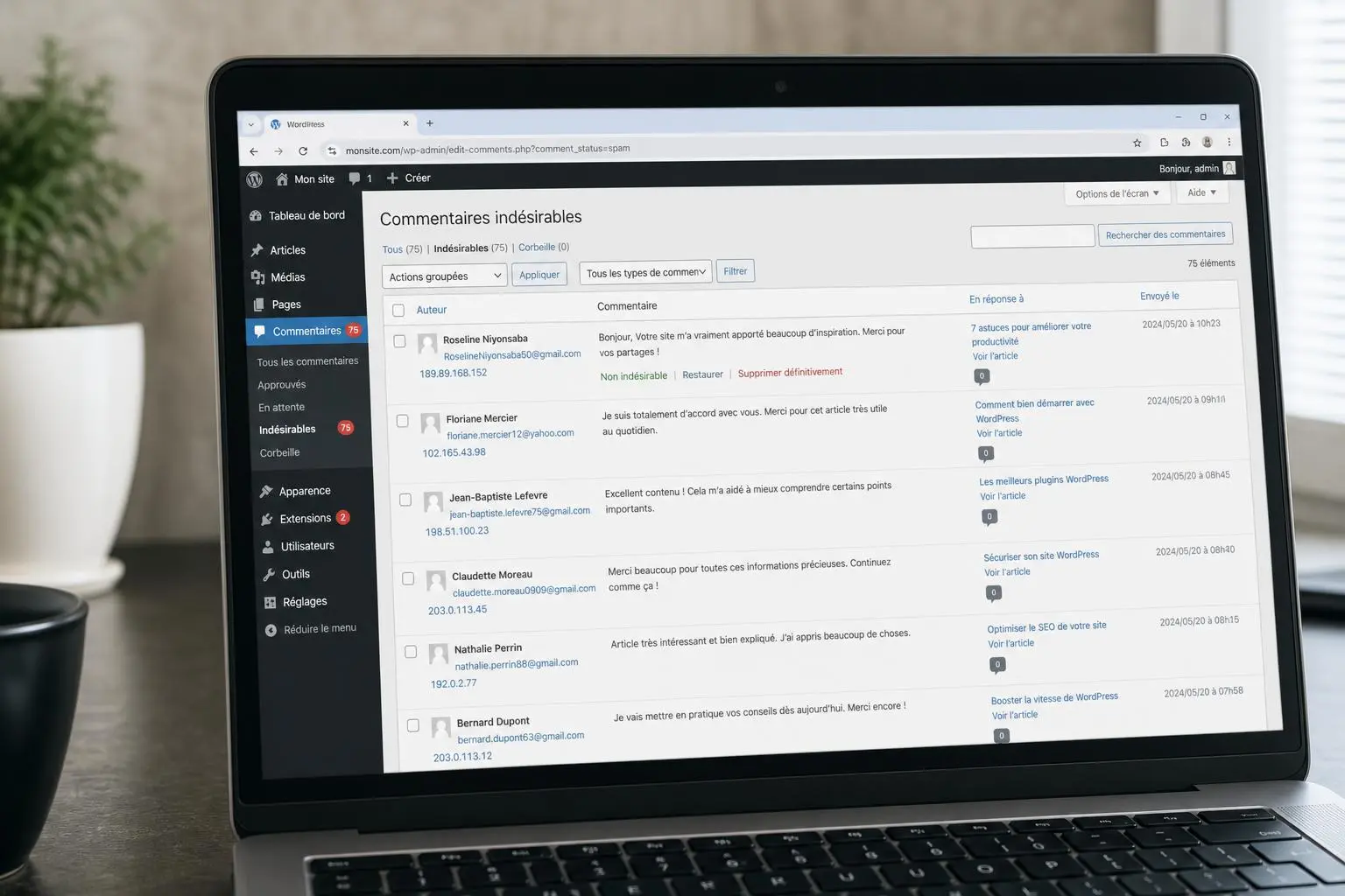 Tableau de bord WordPress avec spam de commentaires
