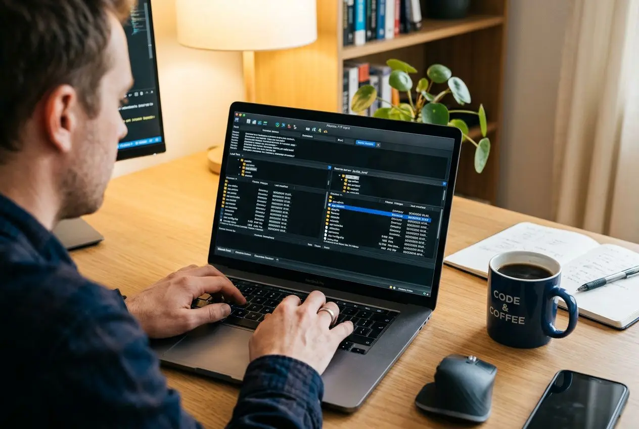 Technicien accédant aux fichiers WordPress via FTP pour corriger une erreur 500