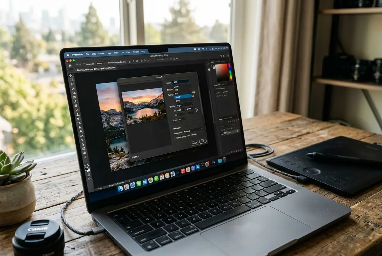 Interface d'exportation d'image avec options de format JPEG, PNG et WebP