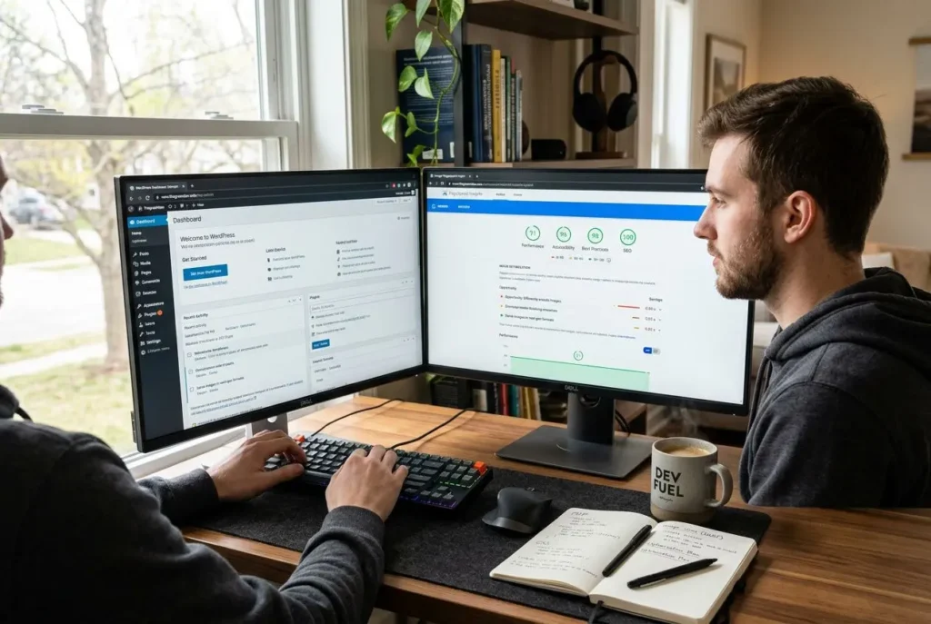 Tableau de bord WordPress et rapport PageSpeed Insights sur l'optimisation des images